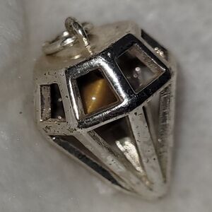 Silver 0.5" Diamond Cage Charm Pendulum Pendant with Tiger Eye Bead Inside